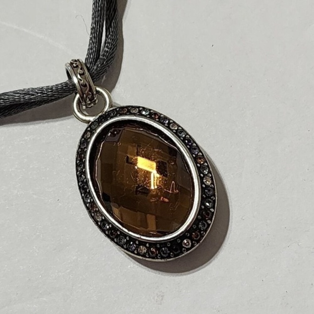 Brighton‎ LUMINESCE Pave Gray Silk Cord Oval Amber Crystal Pendant Necklace